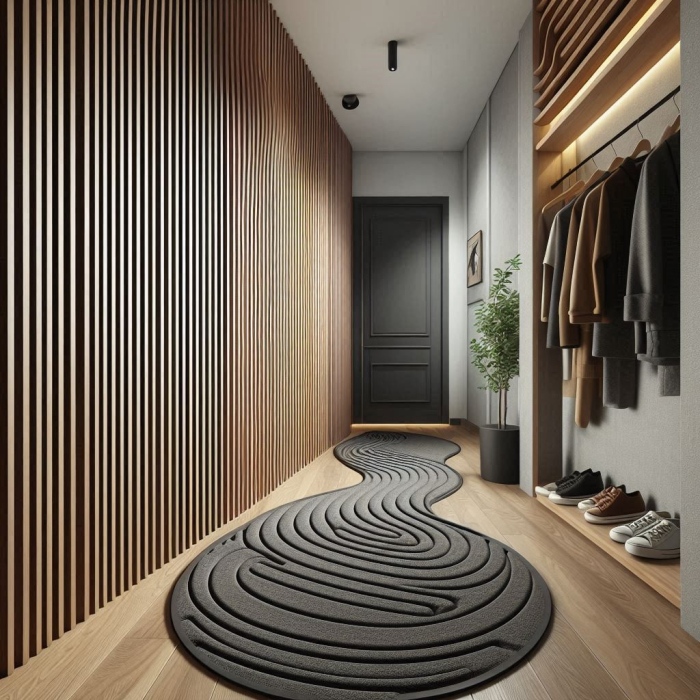 Riflaj acustic flexibil tec montat pe o coloană rotundă într-un living open-space [13]