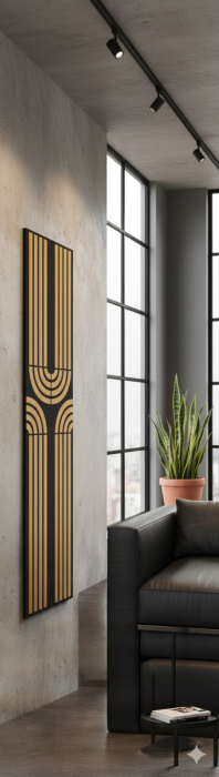 Riflaj acustic MDF Art Deco tec cu arcade concentrice, montat pe peretele unui hol de intrare [3]
