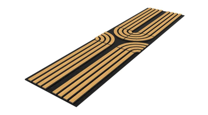 Riflaj acustic MDF Art Deco tec cu arcade concentrice, montat pe peretele unui hol de intrare [2]