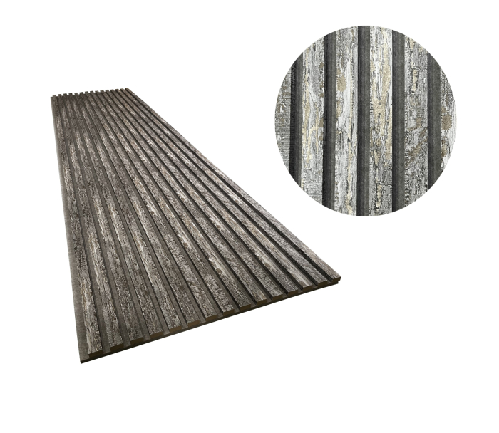 Riflaj acustic MDF pe fetru cu decor de lemn antichizat gri-cărbune, montat pe peretele unui bar de recepție [13]