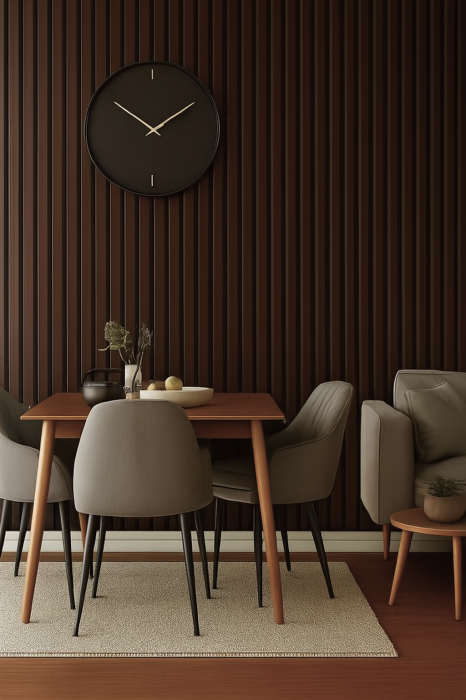 Riflaj acustic MDF pe fetru, decor nuc închis, montat pe peretele din spatele ecranului într-o cameră de film [8]