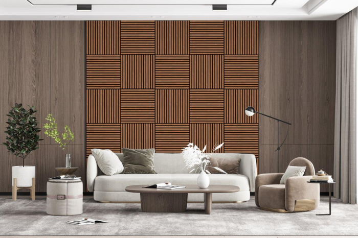 Set de 4 riflaje acustice MDF tec de 600x600 mm montate ca tăblie de pat pe peretele dormitorului [5]