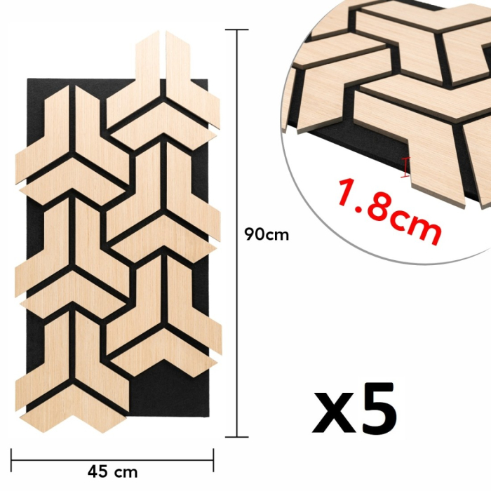 Set 5 Panouri riflaje acustice decorative, HDF si pasla, Naimeed D6759, 90x45x1.8cm, Stejar deschis [8]