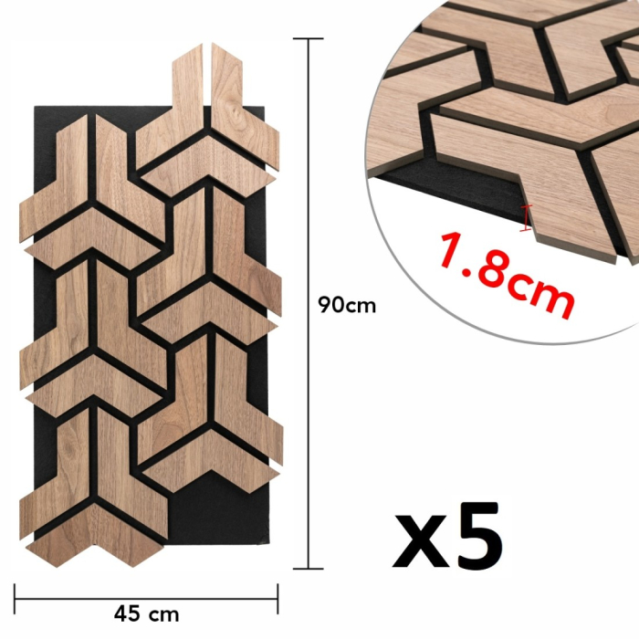 Set 5 Panouri riflaje acustice decorative, HDF si pasla, Naimeed D6760, 90x45x1.8cm, Stejar [8]