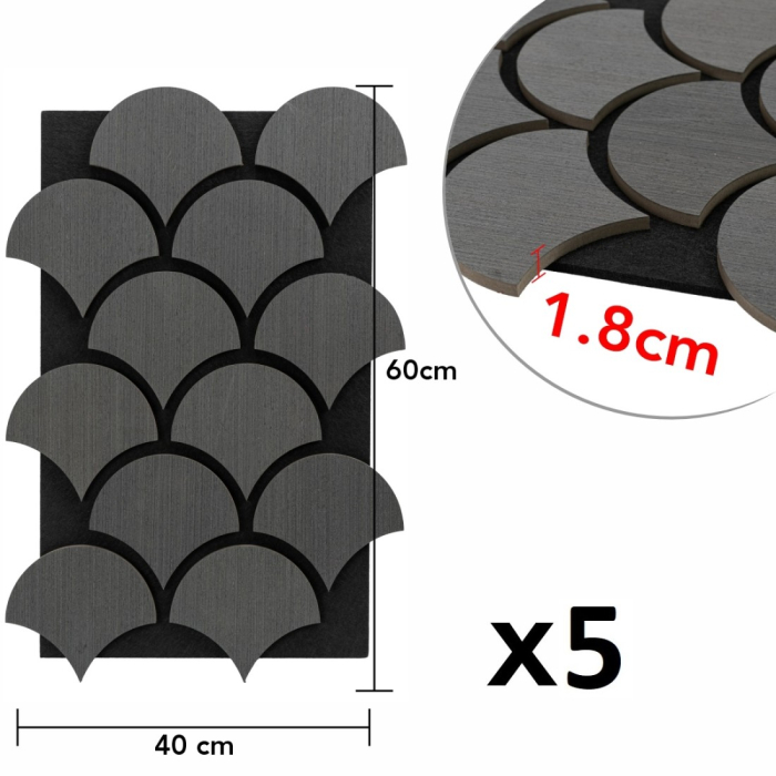 Set 5 Panouri riflaje acustice decorative, HDF si pasla, Naimeed D6762, 60x40x1.8cm, Gri [8]