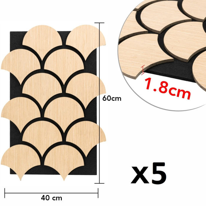 Set 5 Panouri riflaje acustice decorative, HDF si pasla, Naimeed D6763, 60x40x1.8cm, Stejar [8]