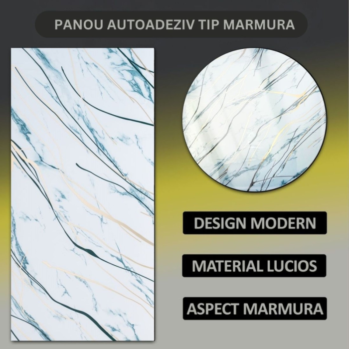 Set 6 panouri decorative autoadezive cu folie de aluminiu, efect marmura,  suprafata acoperita 1.08 m², Naimeed D7125, 60x30 cm, Alb/Albastru [7]