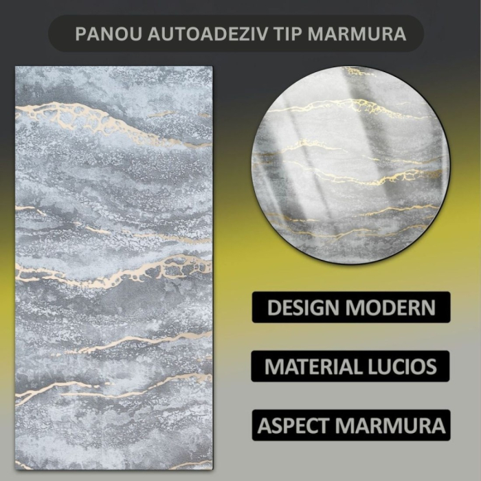 Set 6 panouri decorative autoadezive cu folie de aluminiu, efect marmura,  suprafata acoperita 1.08 m², Naimeed D7126, 60x30 cm, Gri inchis [7]