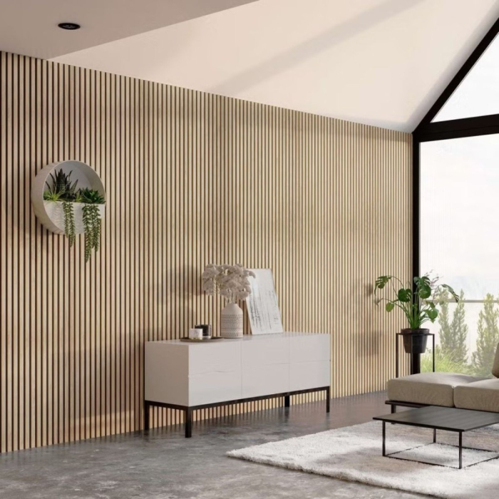 Set 6 Panouri riflaj acustic decorativ, MDF si pasla, Naimeed D7102, 270x30x1.8cm, Stejar deschis [3]