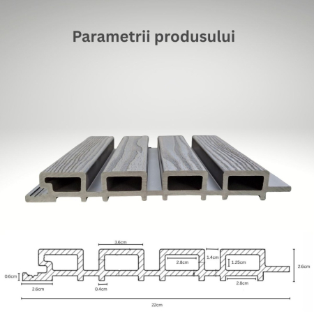 Lambriu riflaj WPC, reliefat, pentru exterior, montaj rapid, rezistenta ridicata, Naimeed D7494, 2800 x 220 x 26 mm, Stejar gri [2]