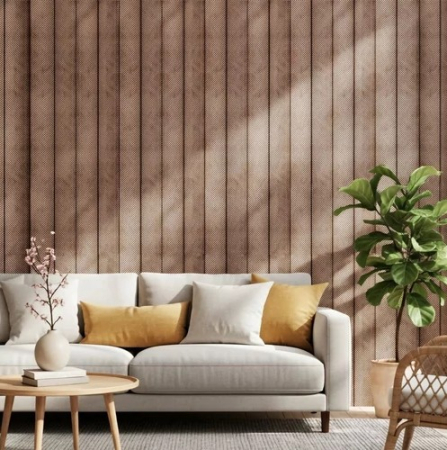 Panou decorativ din polistiren cu decor nuc, montat pe peretele din zona de dining a unui living [2]