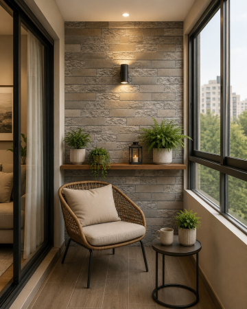 Panouri Decorative - Panou decorativ cărămidă din PVC cu relief maro-gri, montat pe peretele unei bucătării în stil loft