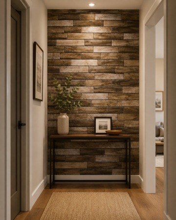 Panouri Decorative - Panou decorativ PVC 3D cu relief de lemn rustic maro, montat pe un perete de accent în living