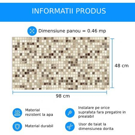 Panou decorativ marmură bej cu mozaic în relief, montat în zona lavoarului dintr-o baie de oaspeți [2]