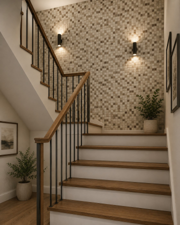 Panouri Decorative - Panou decorativ marmură bej cu mozaic în relief, montat în zona lavoarului dintr-o baie de oaspeți