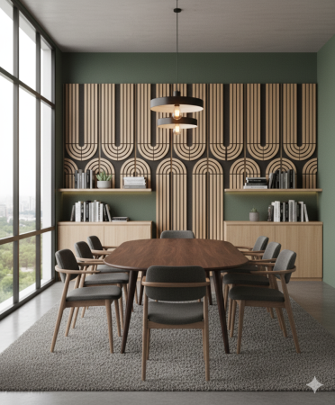 Riflaj acustic MDF Art Deco stejar cu arcade concentrice negre, montat pe peretele din spatele canapelei [3]