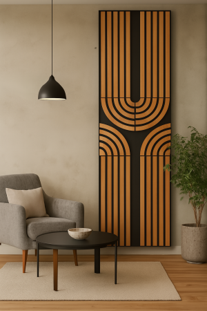 Riflaje Decorative - Riflaj acustic MDF Art Deco tec cu arcade concentrice, montat pe peretele unui hol de intrare