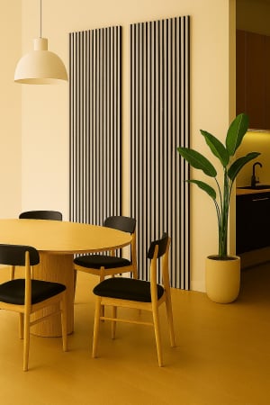 Riflaje Decorative - Riflaj acustic MDF pe fetru, lamele albe, montat pe peretele din spatele patului într-o cameră de copil