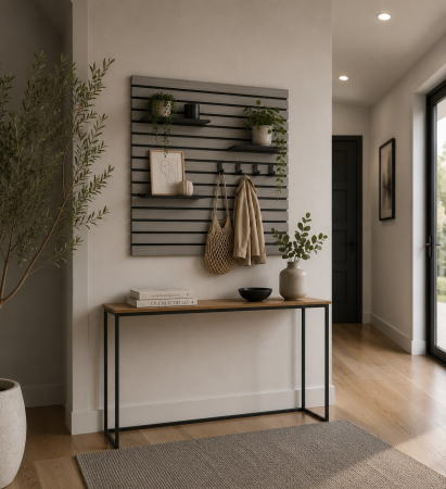 Riflaje Decorative - Riflaj acustic gri 600 x 600 mm montat în bandă pe peretele unui hol