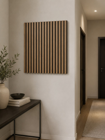Riflaj acustic nuc 600 x 600 mm montat pe peretele din spatele unui birou de acasă [3]
