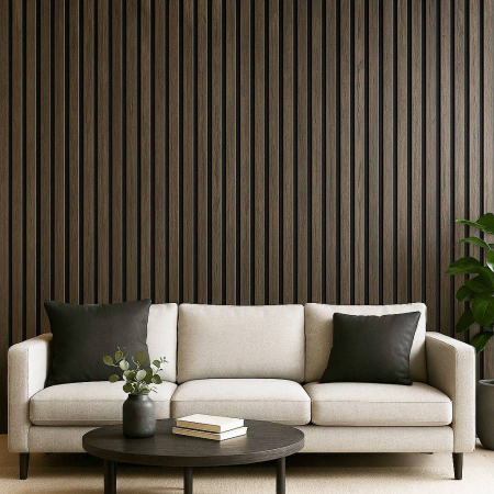 Riflaj acustic MDF pe fetru, decor nuc închis, montat pe peretele din spatele ecranului într-o cameră de film [3]