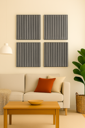 Riflaje Decorative - Set de 4 riflaje acustice MDF gri de 600x600 mm montate ca fundal într-un colț de înregistrare