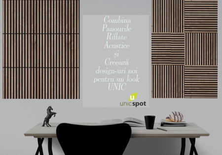 Set de 4 riflaje acustice MDF nuc de 600x600 mm montate în spatele biroului de acasă [9]