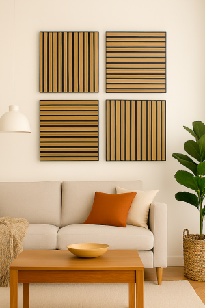 Riflaje Decorative - Set de 4 riflaje acustice MDF nuc de 600x600 mm montate în spatele biroului de acasă