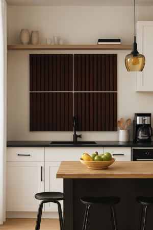 Riflaje Decorative - Set de 4 riflaje acustice MDF nuc închis de 600x600 mm montate în nișa televizorului din living