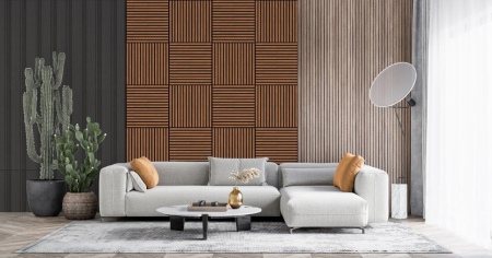 Set de 4 riflaje acustice MDF tec de 600x600 mm montate ca tăblie de pat pe peretele dormitorului [8]