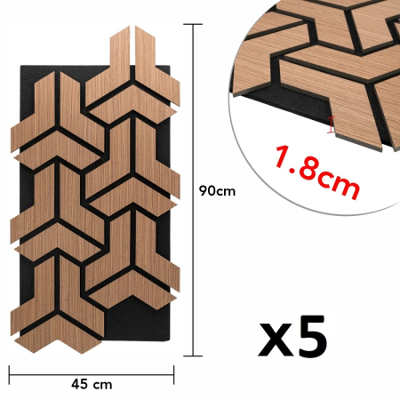 Set 5 Panouri riflaje acustice decorative, HDF si pasla, Naimeed D6761, 90x45x1.8cm, Stejar inchis [7]