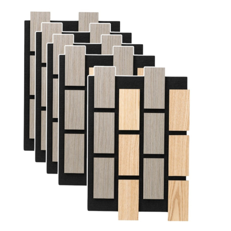 Panouri Decorative - Set 5 Panouri riflaje acustice decorative, MDF si pasla, Naimeed D6774, 60x40x2.1cm, Stejar/Gri
