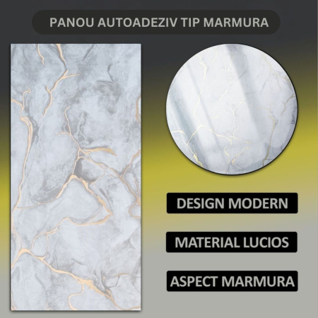 Set 6 panouri decorative autoadezive cu folie de aluminiu, efect marmura,  suprafata acoperita 1.08 m², Naimeed D7106, 60x30 cm, Gri [6]