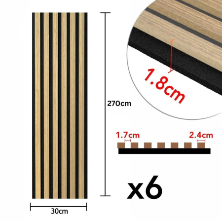 Set 6 Panouri riflaj acustic decorativ, MDF si pasla, Naimeed D7102, 270x30x1.8cm, Stejar deschis [6]