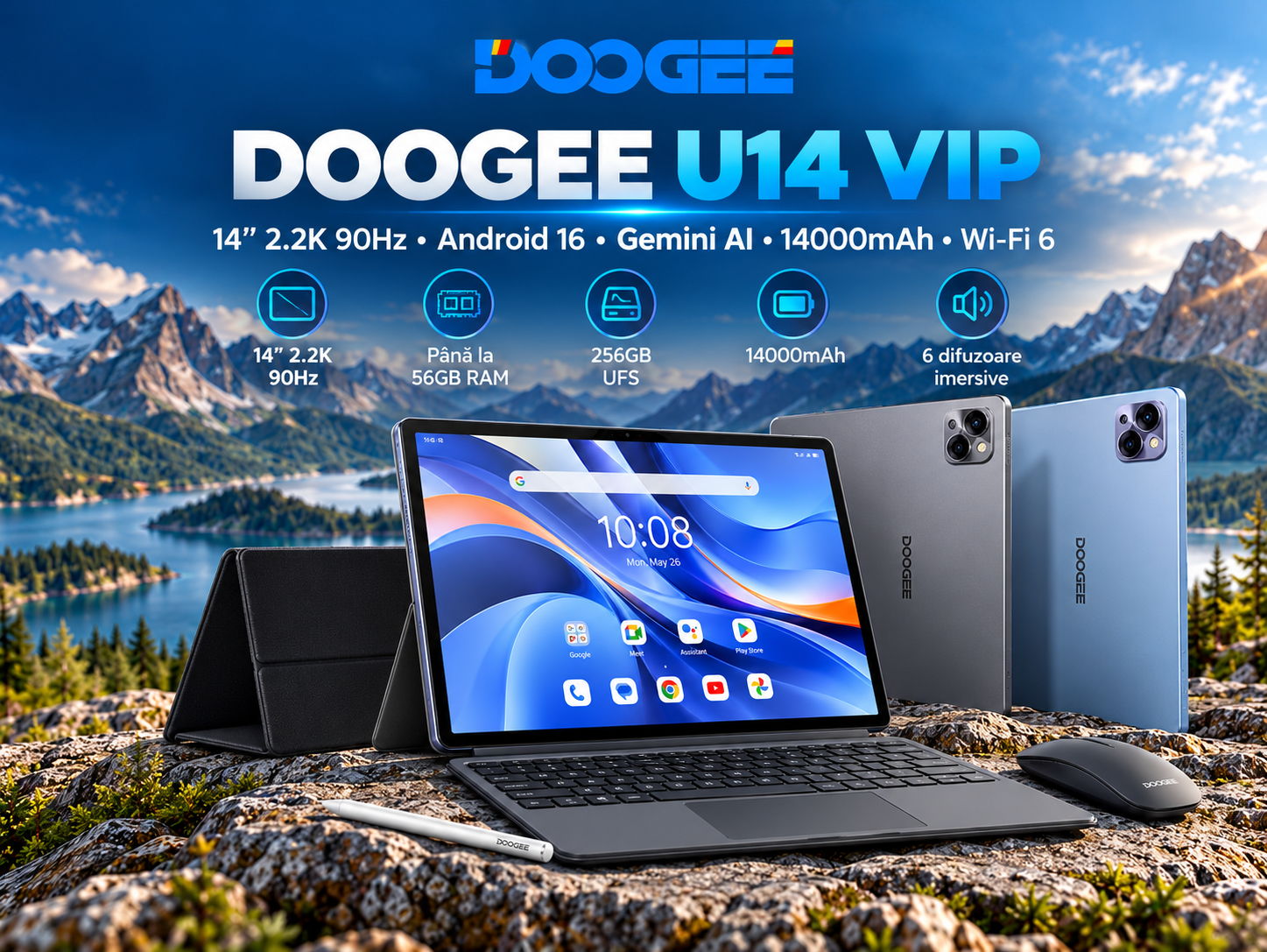 DOOGEE U14 VIP – tableta de 14” 2.2K cu Android 16, Gemini AI și pachet complet de accesorii