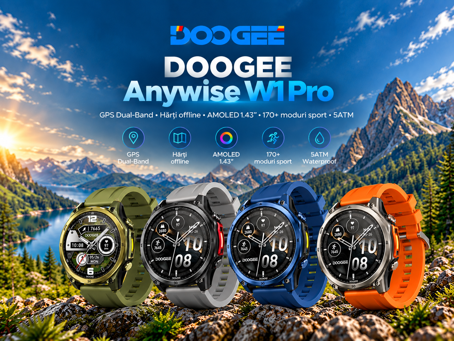 DOOGEE Anywise W1 Pro – smartwatch AMOLED cu GPS Dual-Band, hărți offline și peste 170 moduri sport
