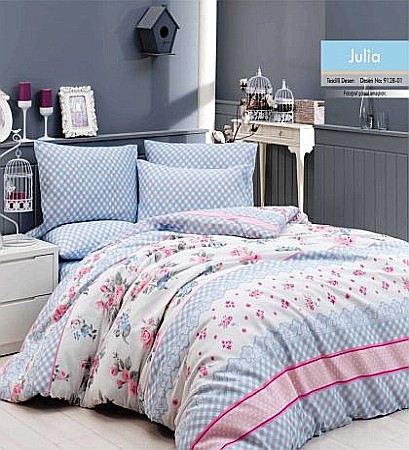 Promotii - Lenjerie de pat dublu classic  Begenal Julia Blue culoare bleo cu roz model geometric