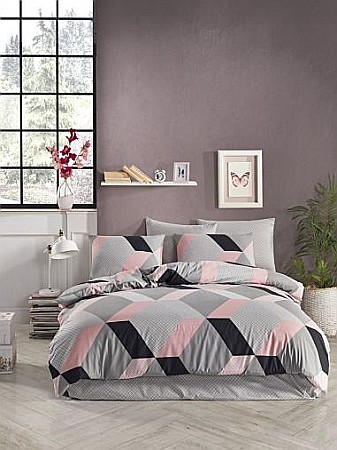 Lenjerii de pat bumbac ranforce - Lenjerie de pat dublu din bumbac ranforce Begenal Petek Pembe