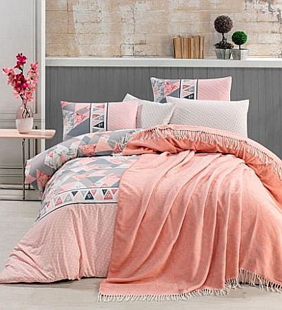 Bumbac - Set pat dublu, patura, cearsaf si 2 fete de perna tesatura Jacquard, Begenal Ethnic Gitana