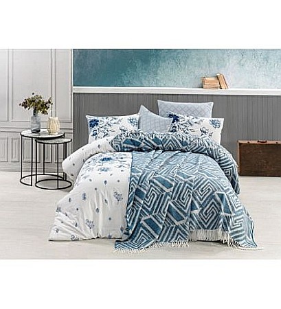 Lenjerii de pat tesatura Jacquard - Set pat dublu, patura, cearsaf si 2 fete de perna tesatura Jacquard Begenal, Valeria Onix