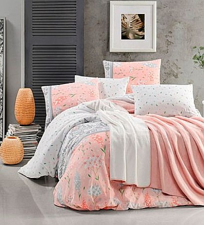 Lenjerii de pat din bumbac - Set pat dublu, patura, cearsaf si 2 fete de perna double colorful Valeria Evora
