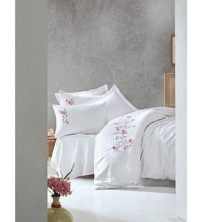 Lenjerii de pat - Lenjerie de Pat Dublu Premium Satin Cotton Box cu Broderie Perla White