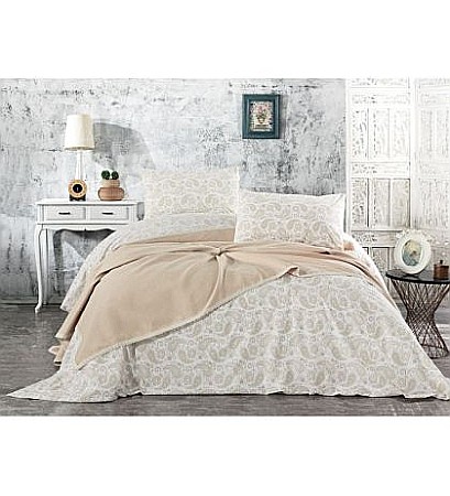 Bumbac - Set de pat dublu, cuvertura, cearsaf si fete de perna Whitney Asude Cappucino