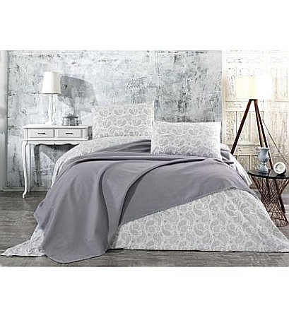 Bumbac - Set de pat dublu, cuvertura, cearsaf si fete de perna Whitney Asude Grey