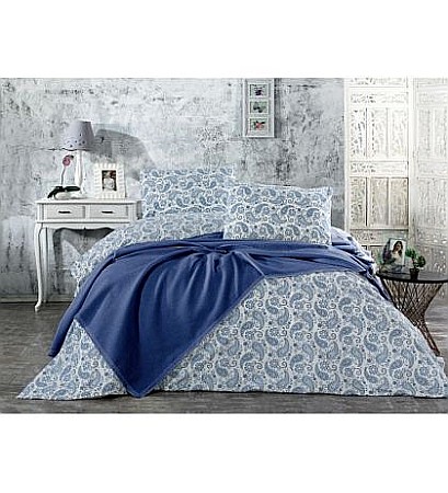 Bumbac - Set de pat dublu, cuvertura, cearsaf si fete de perna Whitney Asude Dark Blue