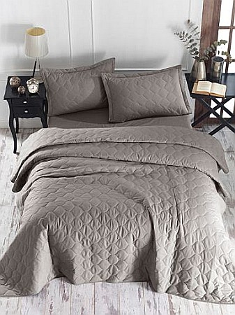 Bumbac - Set de pat dublu, cuvertura si fete de perna model matlasat EnLora Home, Fresh Color Raw Gray