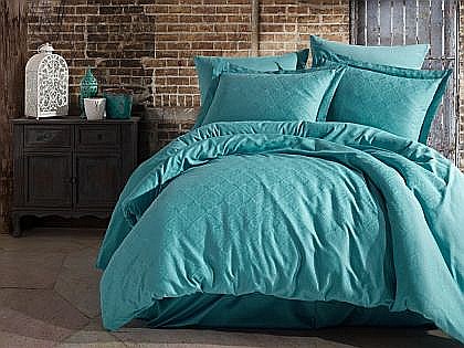 Lenjerii de pat - Lenjerie de pat dublu 100% Bumbac Satinat King Supreme Saheser, Damaks Turcoaz