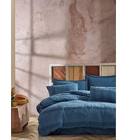 Lenjerii de pat din bumbac - Lenjerie de pat dublu premium King Supreme tesatura jaquard Saheser, Salmon Dark Blue