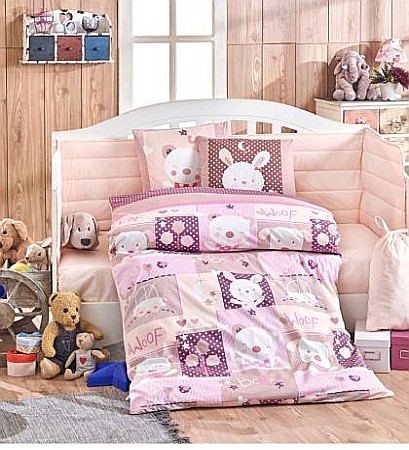 Lenjerii pat copii - Set lenjerie de patut pentru copii, bumbac poplin, 100 x 150, Hobby Snoopy Pink