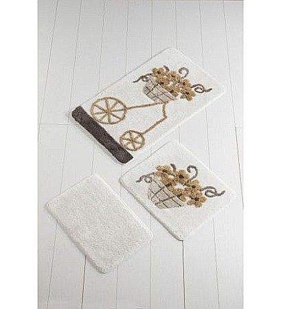 Covorase si seturi de covoare pentru baie - Set covorase de baie 3 piese model floral Alessia Alaçatı - Brown
